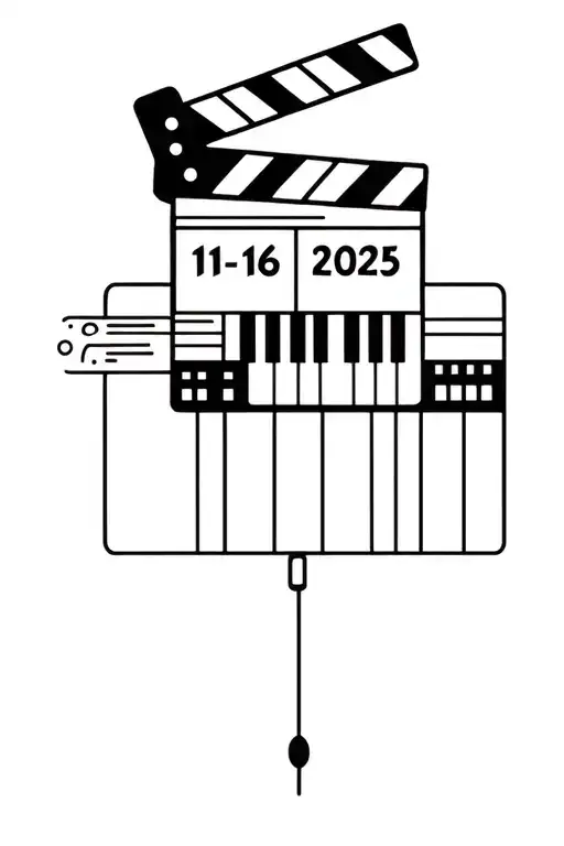 video camera, clapper board, piano keys, and the date 11-16-2025 tattoo design idea