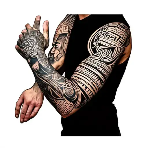 samoan arm sleeve with Aztec and biomech tattoo design idea