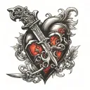 a heart with an r inside surrounded by a chain around a dagger tattoo design idea