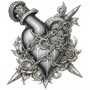 a heart with an r inside surrounded by a chain around a dagger tattoo design idea