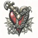 a heart with an r inside surrounded by a chain around a dagger tattoo design idea