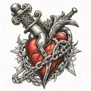a heart with an r inside surrounded by a chain around a dagger tattoo design idea