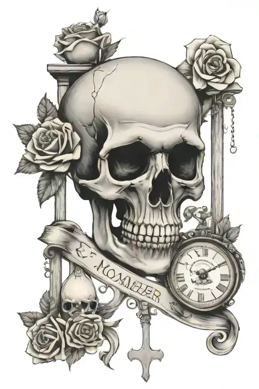 Skull, roses, hourglass, Roman numeral clock and banner with Memento Mori written on it tattoo design idea