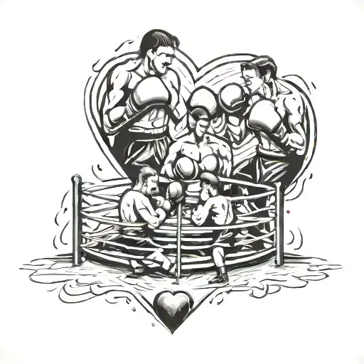 A heart-shaped boxing ring with family and friends cheering from the sidelines tattoo design idea