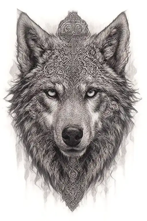 Wolf and Celtic pattern and orthodox cross tattoo design idea