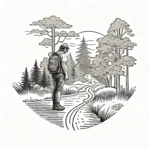 a man stands on a road in the middle of a forest and looks into the distance tattoo design idea