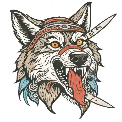 Traditional wolf with a bandana holding a knife in its mouth tattoo design idea