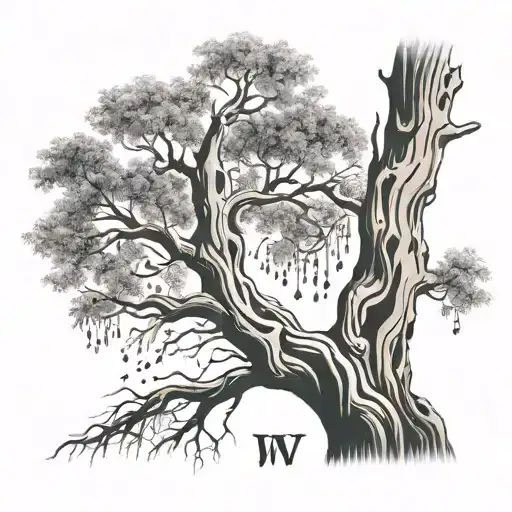 willow tree with initials JW, BW, DW, BM and hearts carved into the trunk tattoo design idea