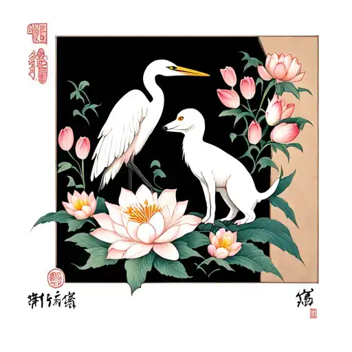 Egret and dog surrounded by lotus hibiscus and tulips tattoo design idea