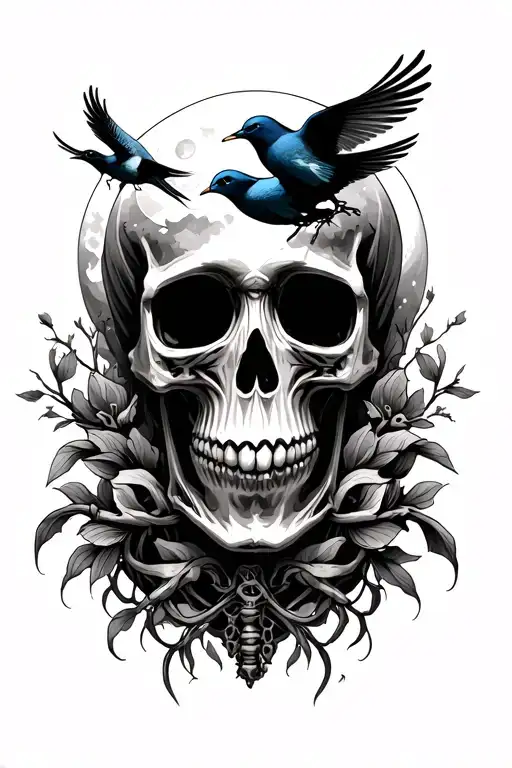 skull skeleton with moon and birds tattoo design idea