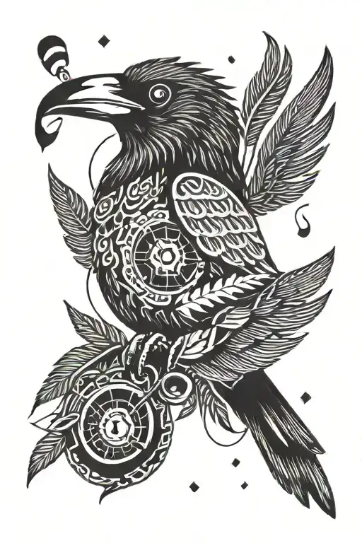 The tattoo features a flying crow with expressive feathers and white eyes, holding a microphone and wearing a black top  tattoo design idea