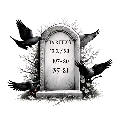 Headstone with dates 12-27-20 and 09-12-21 with doves and crows around it tattoo design idea