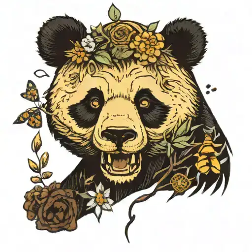 half head of panda bear, second half grizzly bear with bees around tattoo design idea