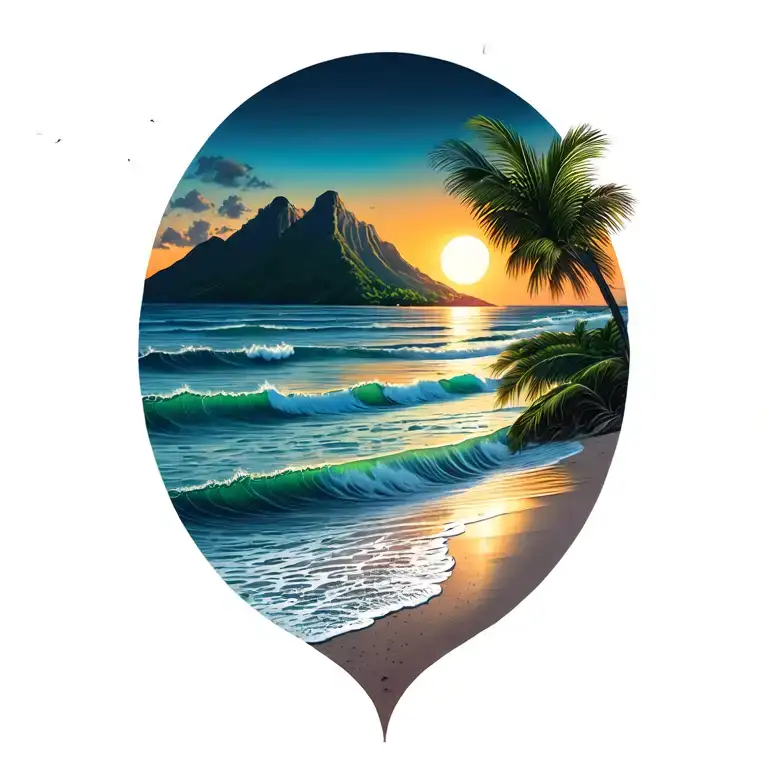 costa rican Bay, beach sunset, mountain fading in from the left, water and sun in middle, waves on beach, palms on right tattoo design idea