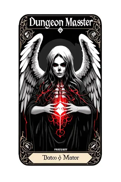 "Dungeon Master " death, Dungeons and dragons, tarot card, female angel of death, wings, d20, nsfw, nudity, boobs, tits, viscerals, organs tattoo design idea
