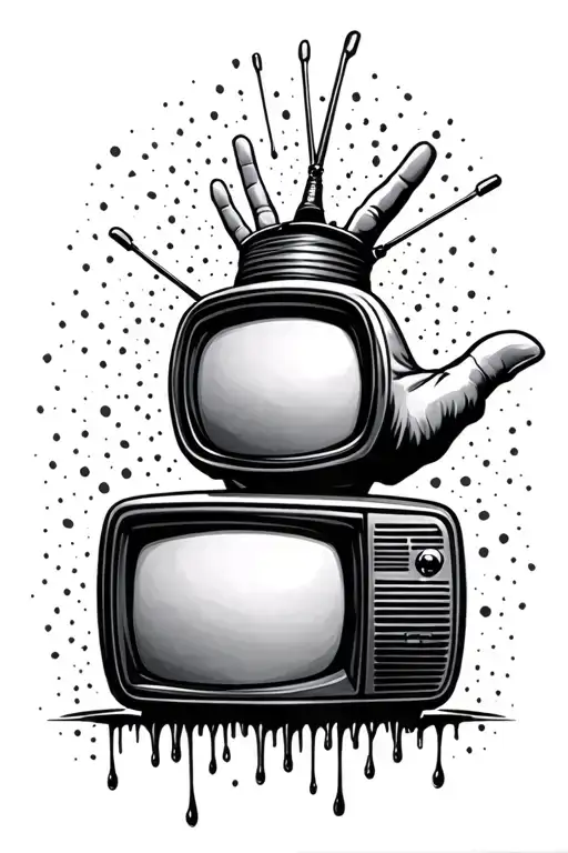 retro television static trippy dripping out of the tv down the arm on the pinky side of the hand tattoo design idea