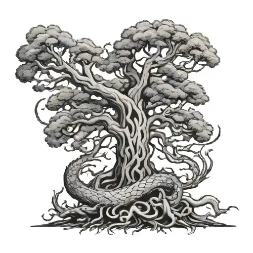 Full sleeve tattoo of yggdrasil going grom shoulder to elbow, the world serpents nidhogg wrapped around the forearm biti tattoo design idea
