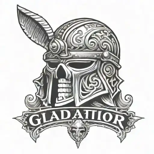Gladiator maximus mask with the words strenght & honor on top and bottom tattoo design idea