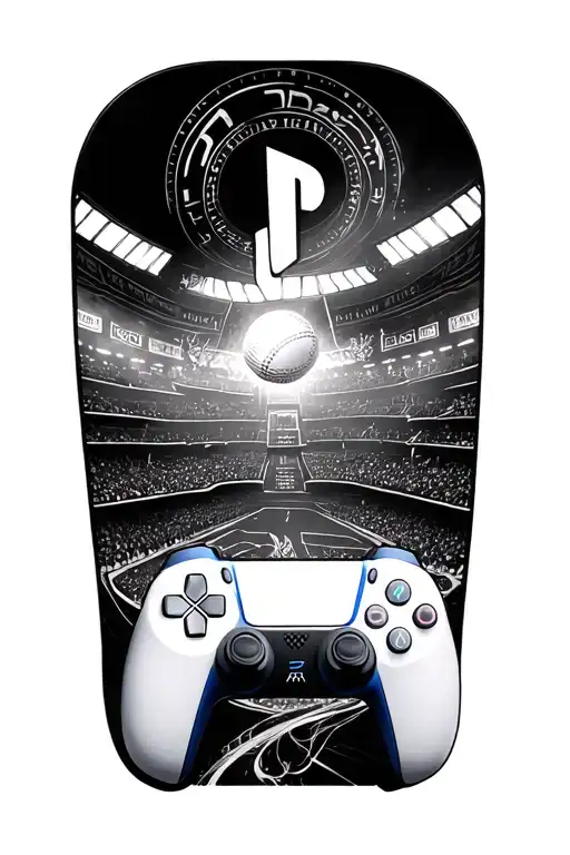 ps5 controller, movie theater, film roll, cricket ball compine all these into one minimal tattoo tattoo design idea