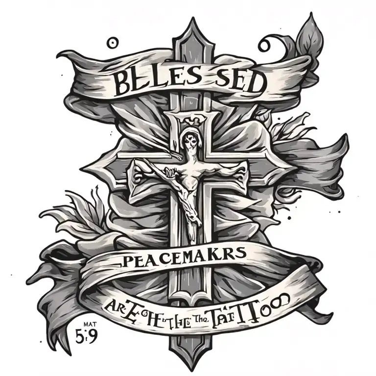 Cross with ""Blessed are the peacemakers" written on a draped blue sash.  Mat 5:9 written underneath tattoo design idea