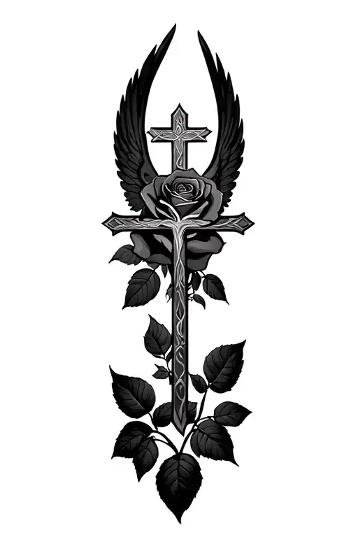 A rose, Cross and Angel wings tattoo design idea
