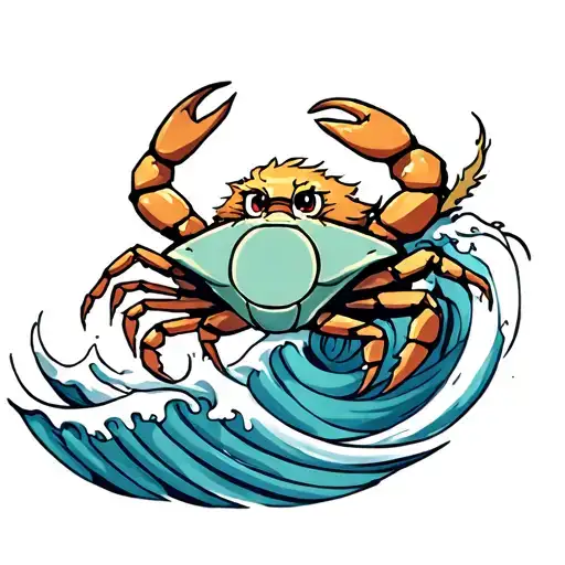 cartoon cancer crab with Leo mane sitting on the Aquarius wave symbol tattoo design idea