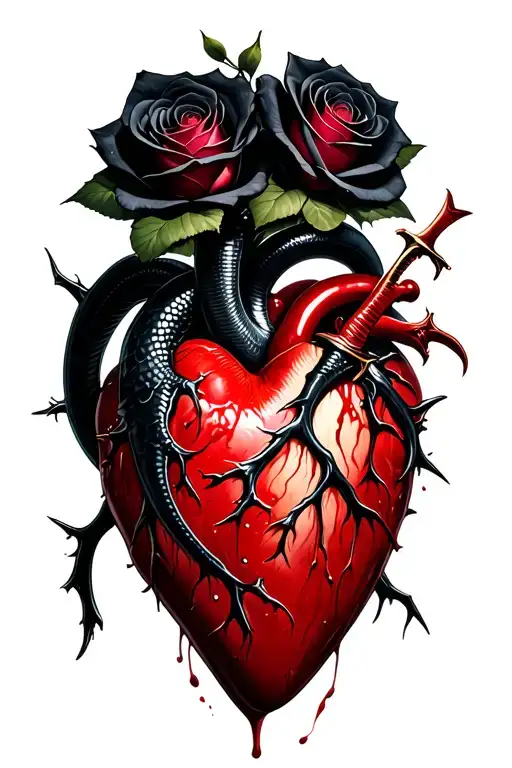 realistic bleeding heart ensnared by two black roses with thorns and pierced by a dagger. a black mamba rising tattoo design idea
