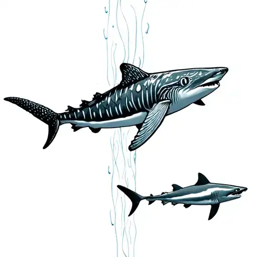 A whale shark, hammerhead shark, and reef tip shark swimming in a vertical line with a fluid, wispy water like lines to  tattoo design idea