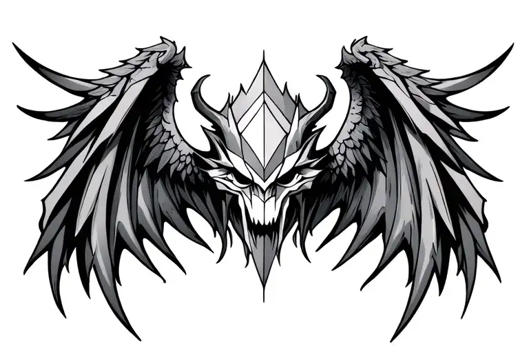 symmetrical geometric demon wings tattoo, centered on the upper chest only, without extending to neck or abdomen, detail tattoo design idea