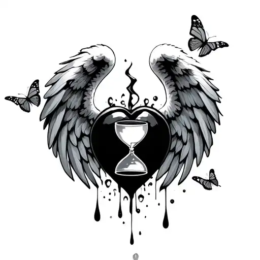 broken angel wings bullet riddled heart tears amd a broken hour glass with butterflies flying out tattoo design idea