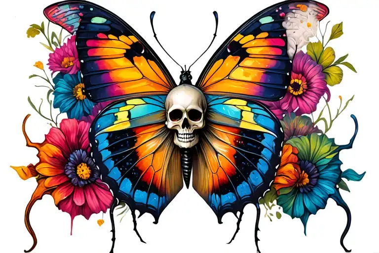 colorful rotting butterfly with skull face  tattoo design idea