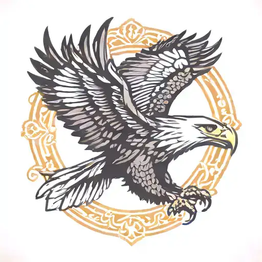 A majestic eagle in flight with its wings spread wide, soaring toward the sky. The eagle symbolizes strength, freedom,   tattoo design idea