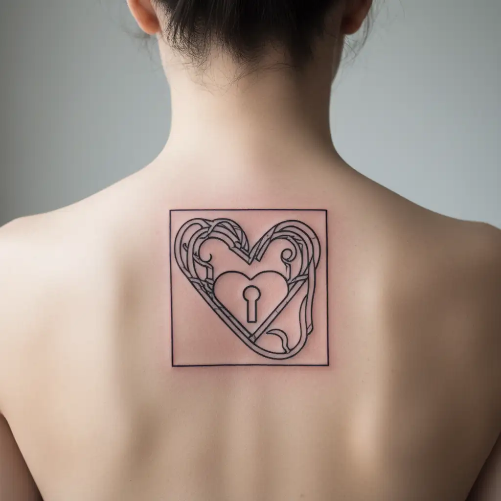 A minimalist tattoo of a heart-shaped lock with intricate lines, representing the idea of finding your soulmate as the key to unlocking your heart tattoo design idea
