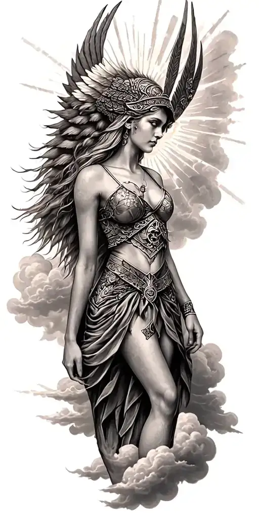 norse Valkyrie, clouds, rays, Colombia tattoo design idea