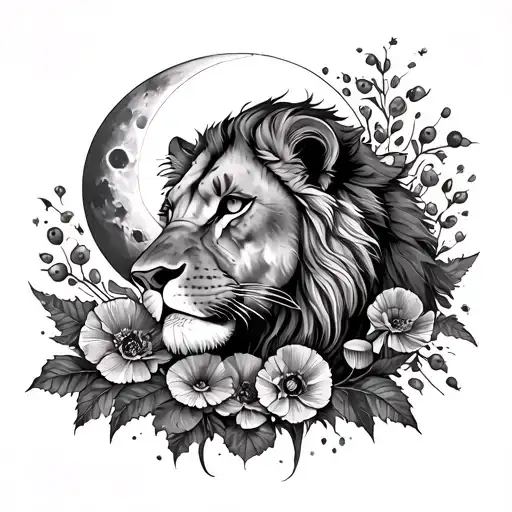 lioness with poppy flowers holly berry mushrooms moon and sun tattoo design idea