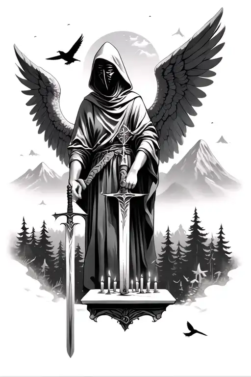 Angel in a hood and a mask with a sword against a background of forest and mountains, small birds, in front of an angel Altar with candles tattoo design idea