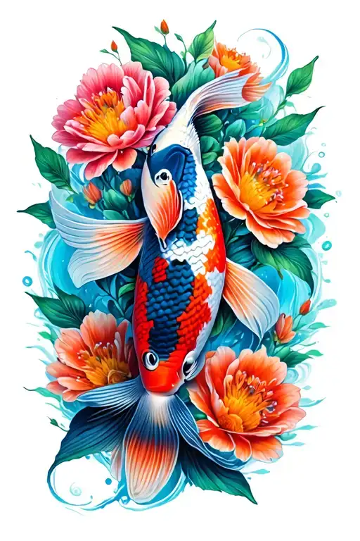 koi fish surrounded by flowers blooming tattoo design idea