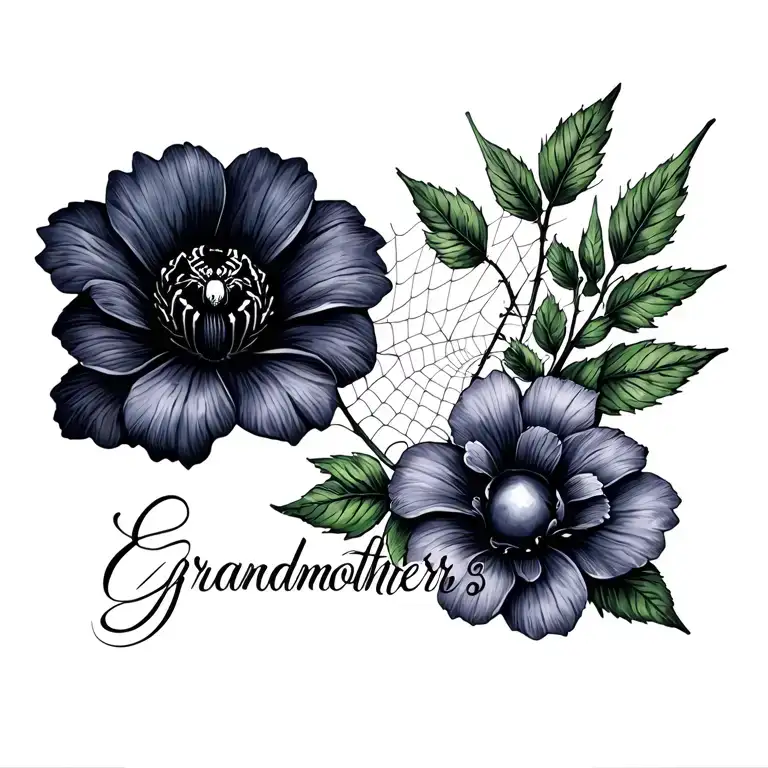 Grandmothers name and dark flower with spider and spiderwebs tattoo design idea