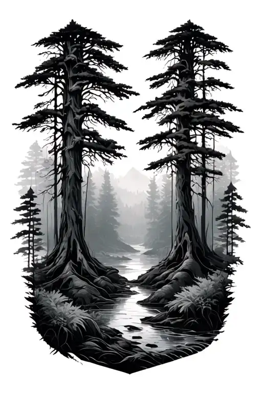 bio mechanical forest landscape symbolizing strength and resilience trippy geometric tattoo design idea