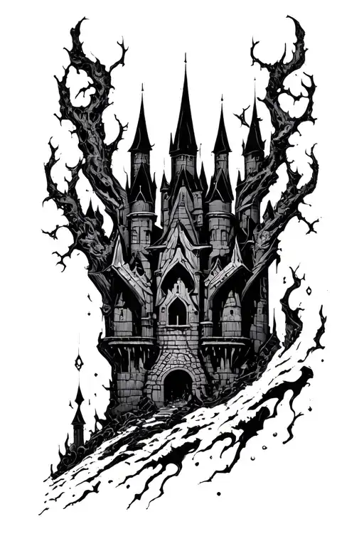 cyber sigilism dark castle tattoo design idea