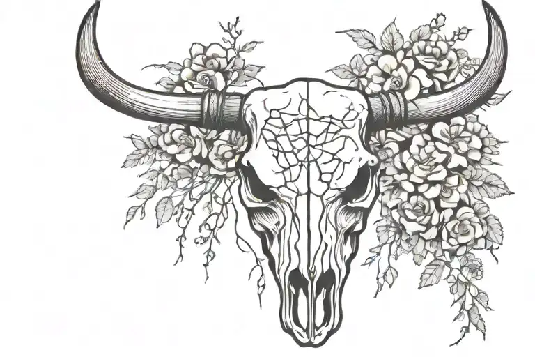 front facing Steer Skull with barbed wire wrapped around horns with flowers inside the barbed wire tattoo design idea