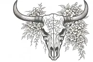 front facing Steer Skull with barbed wire wrapped around horns with flowers inside the barbed wire tattoo design idea