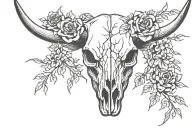 front facing Steer Skull with barbed wire wrapped around horns with flowers inside the barbed wire tattoo design idea