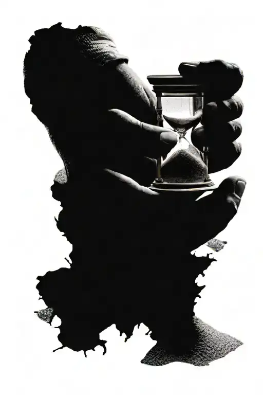 old person's hand holding an hourglass, the bottom part has broken glass, and sand is falling out  tattoo design idea