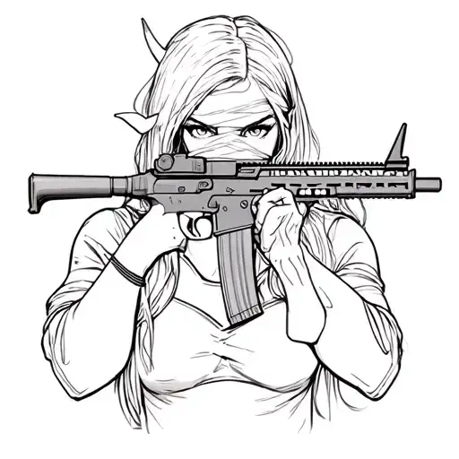 girl from the game pubg with a bandage on her eyes and horns in her hands an m16 machine gun tattoo design idea