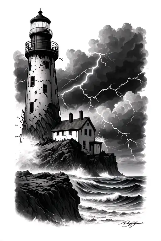 destroyed lighthouse on ocean cliff in thunder storm tattoo design idea
