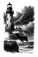 destroyed lighthouse on ocean cliff in thunder storm tattoo design idea