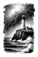 destroyed lighthouse on ocean cliff in thunder storm tattoo design idea