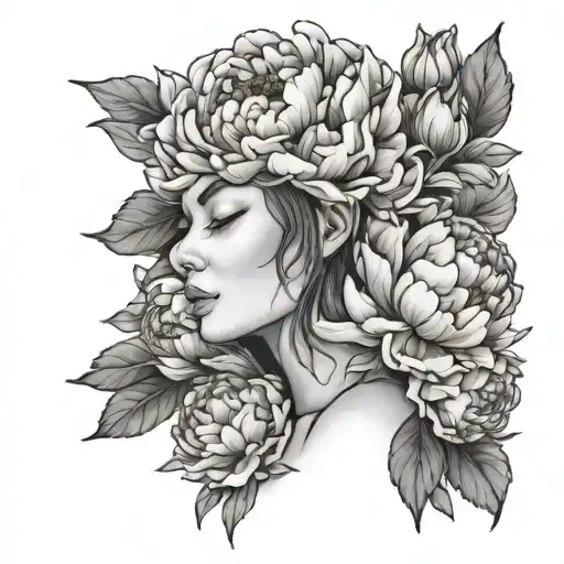 peony flowers growing, women face, shell  tattoo design idea
