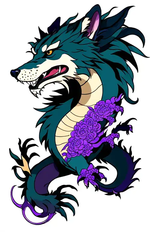 alpha wolf and purple dragon  tattoo design idea